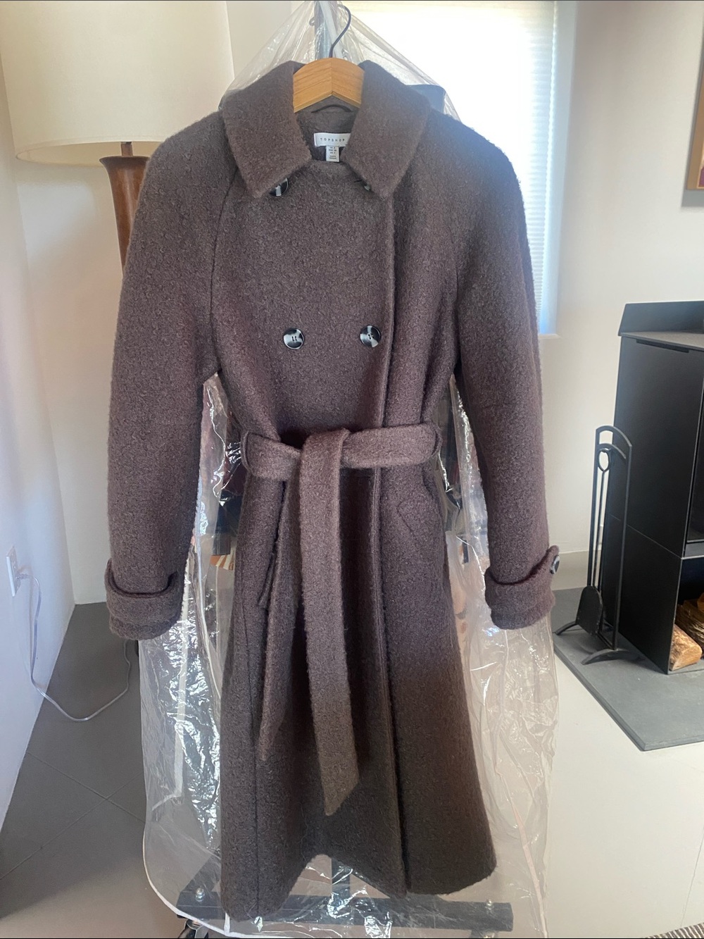 Topshop Grey Wool-Blend Boucle’ Belted Trench Coat